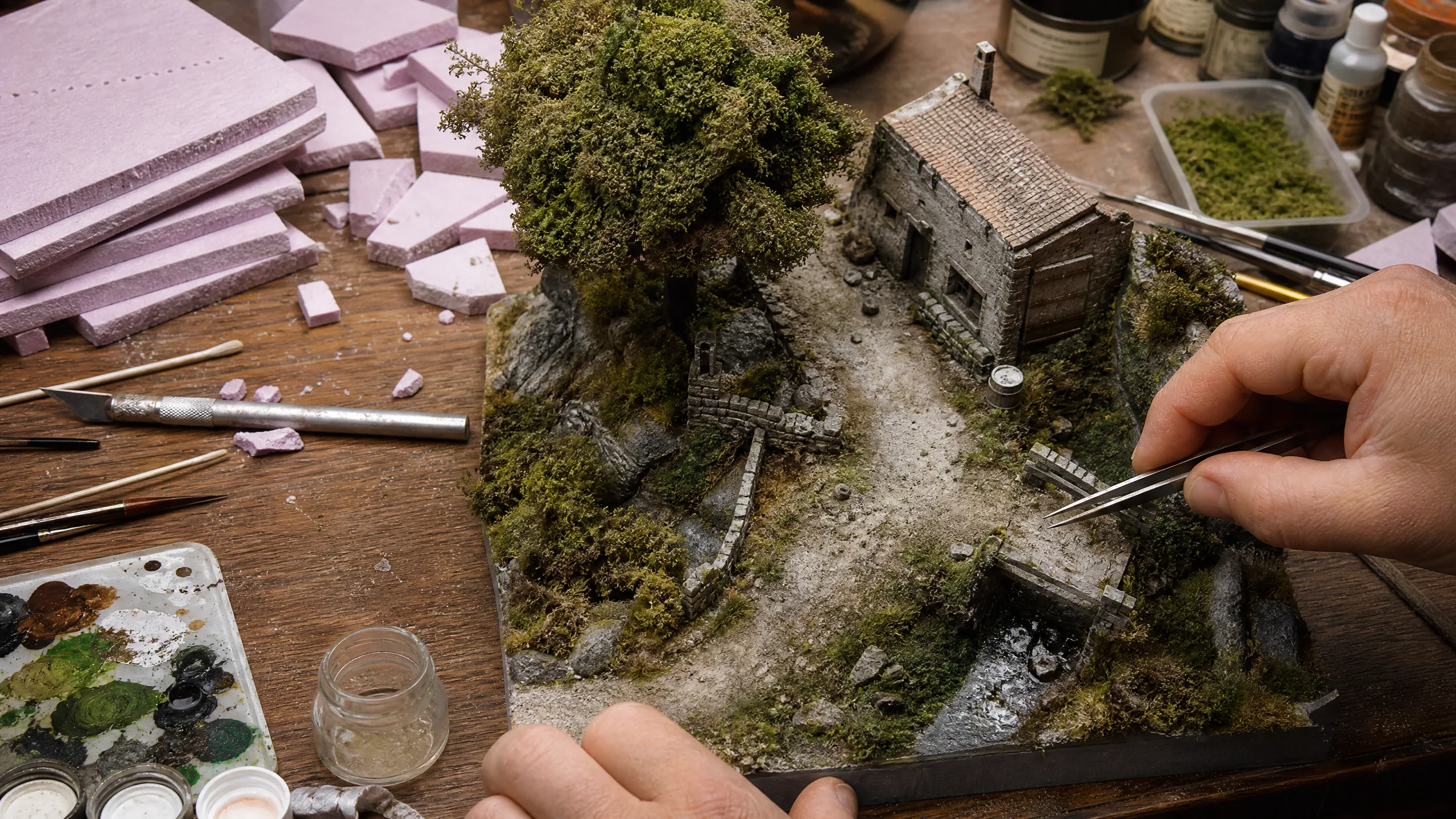 工作台‍上的微缩模型制作过程，从泡沫‌板到逼真场景