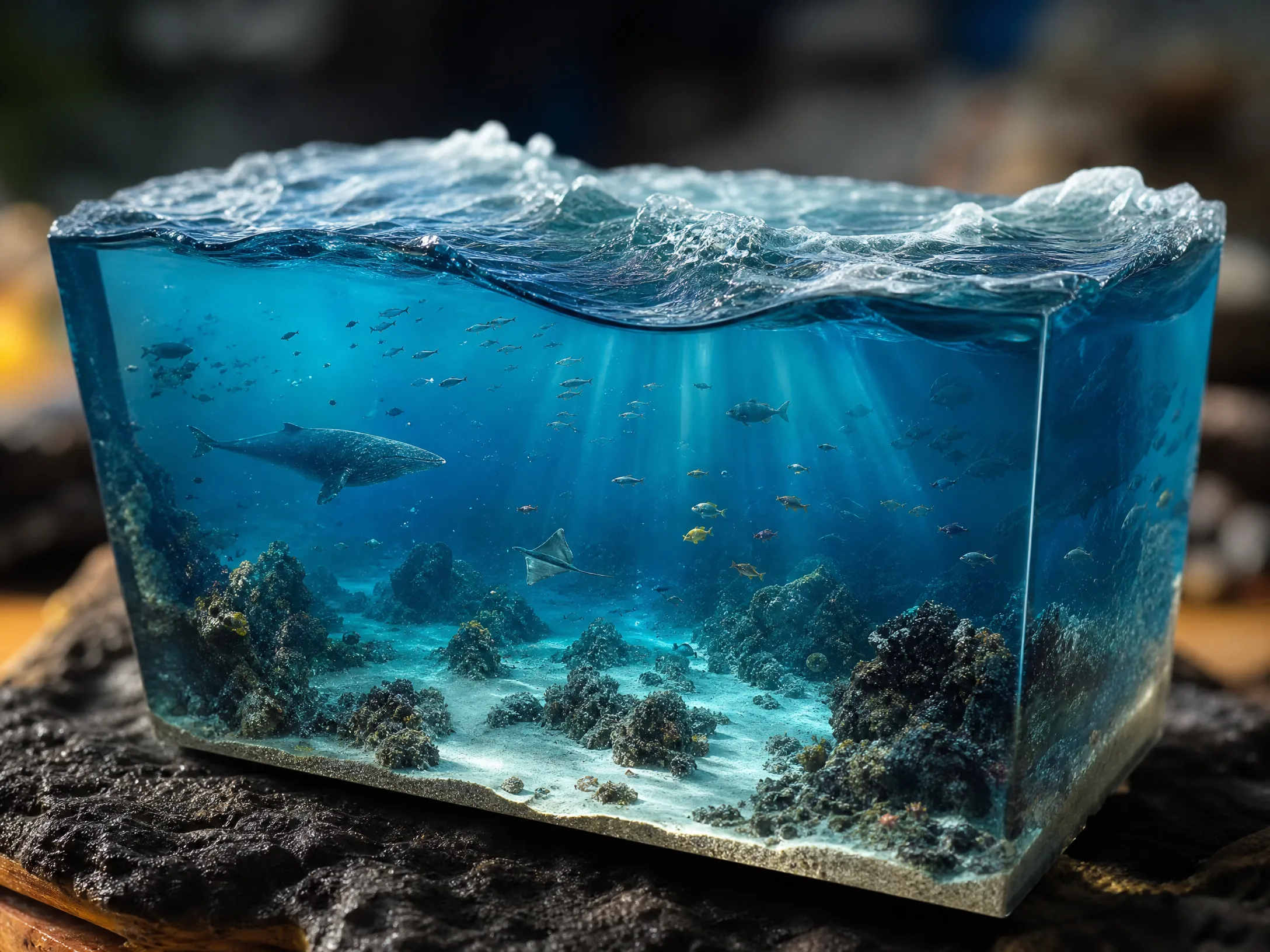 环氧树脂深‌海截面微‌缩造景，蓝色海水与波浪
